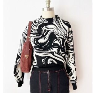 MNG Mango Black White Marble Swirl Print Mock Neck Knit Sweater